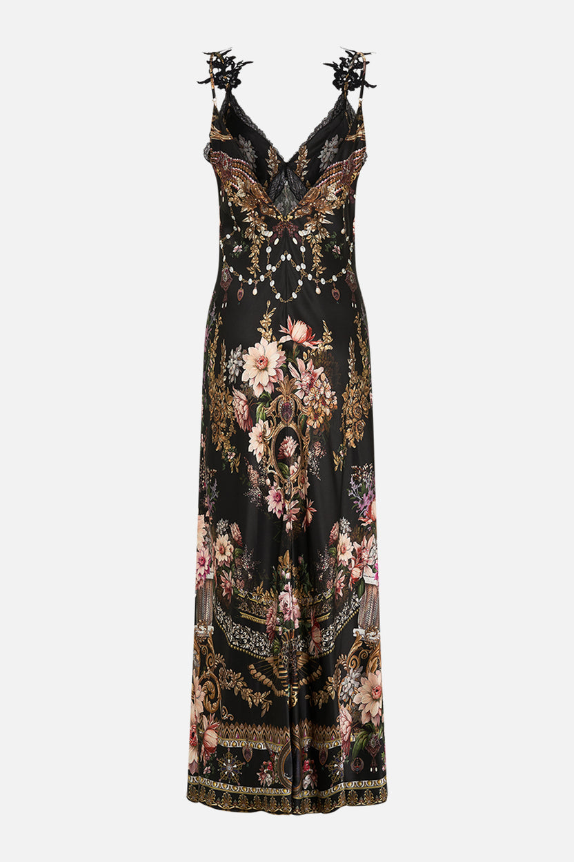 V NECK FULL LENGTH BIAS SLIP DRESS BLOSSOMS AND BRUSHSTROKES