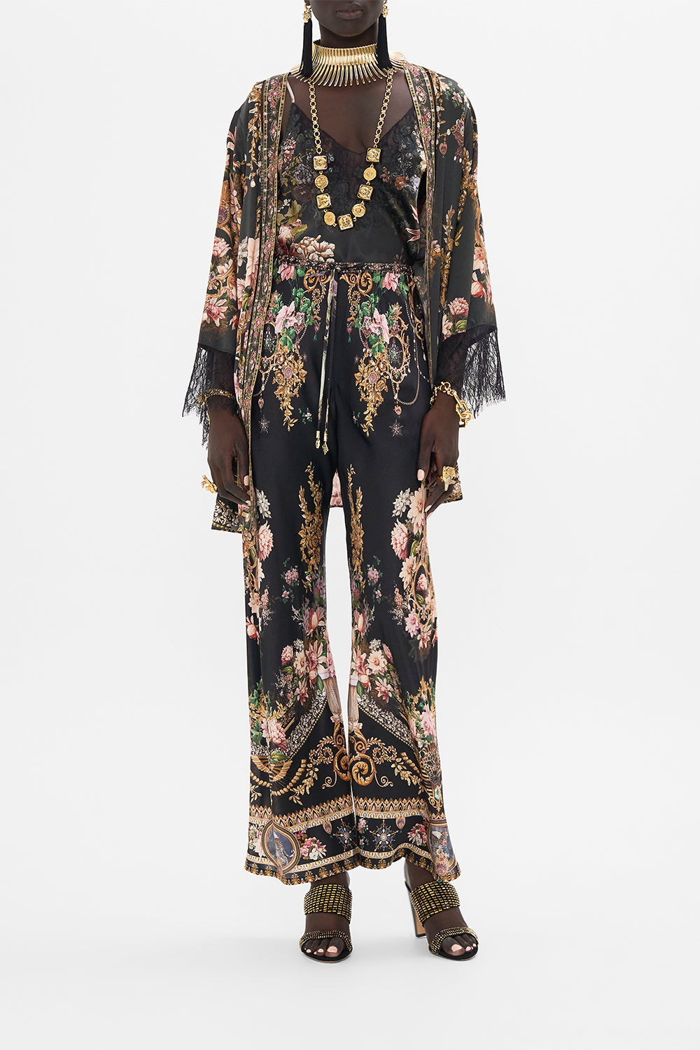 CAMILLA v neck bias cami with lace and embroidery in Dyansty Daze print. 