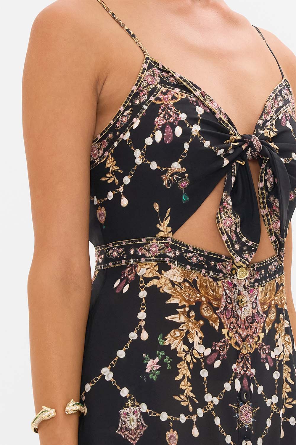 CAMILLA tie front cut out maxi dress in Dynasty Daze print. 