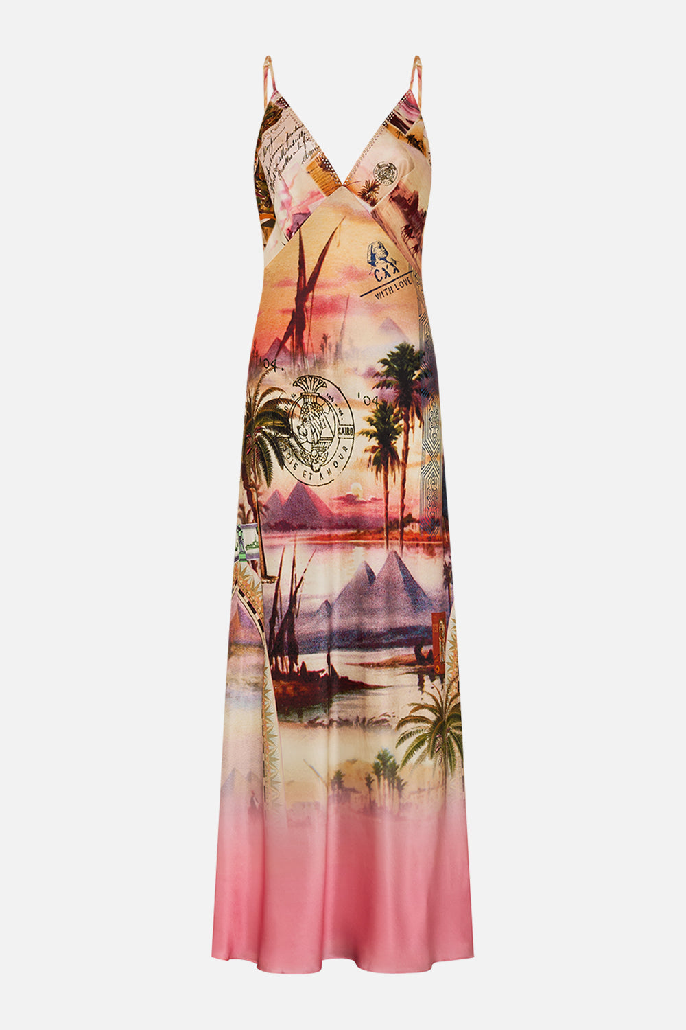 CAMILLA v neck full length bias slip dress in Milla's Got Mail print. 