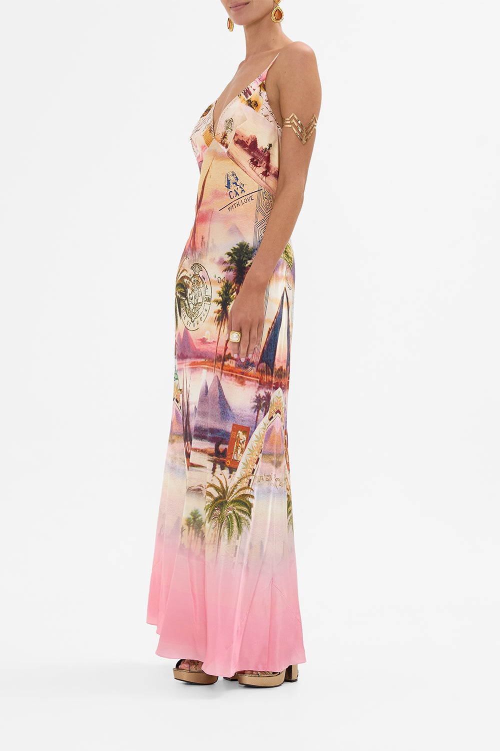CAMILLA v neck full length bias slip dress in Milla's Got Mail print. 