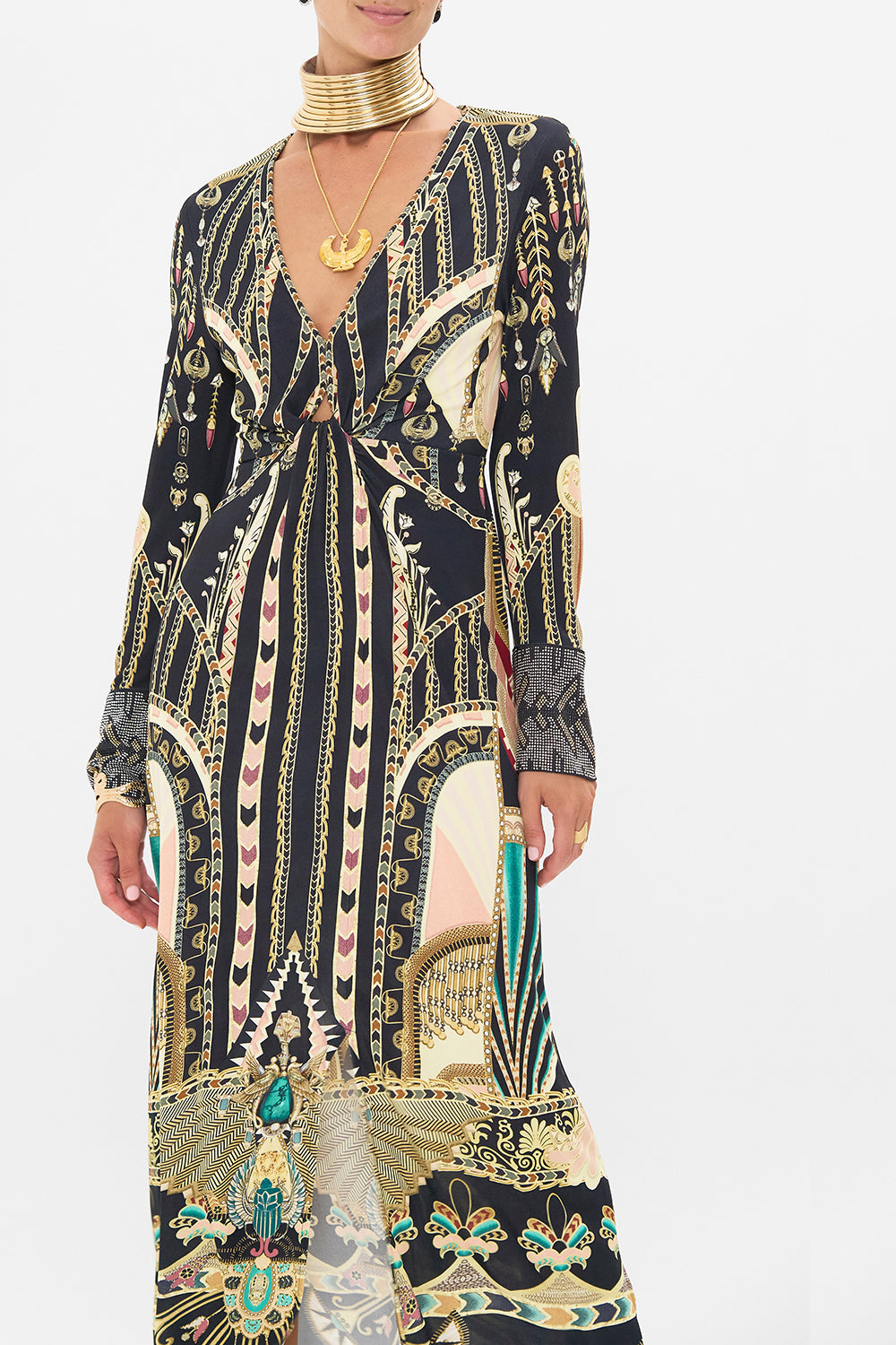 CAMILLA Long V-Neck Twist Front Jersey Dress in They Called Her Nefertari print