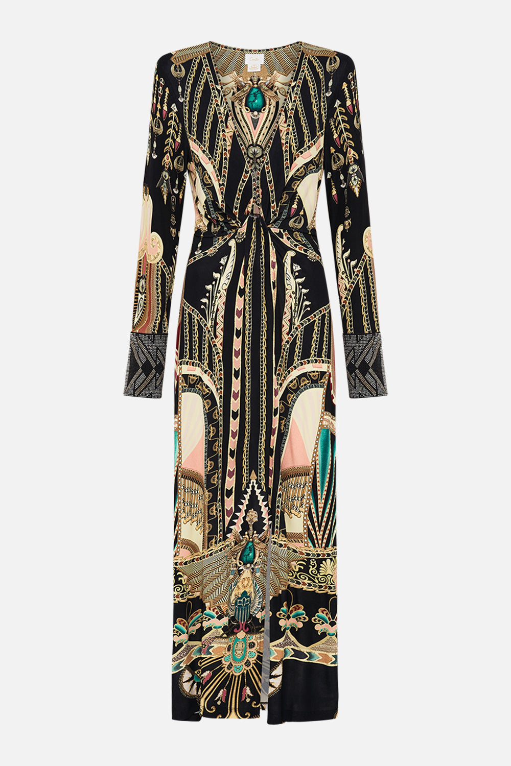 CAMILLA Long V-Neck Twist Front Jersey Dress in They Called Her Nefertari print