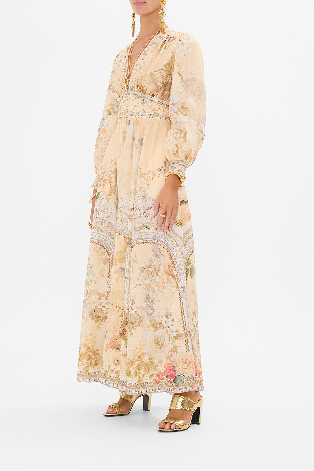 CAMILLA button dress with shaped waistband in Adorned in Antiquity print. 