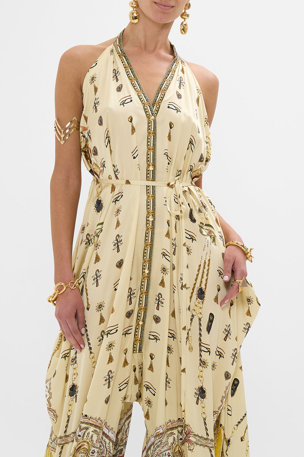 CAMILLA Gold Jumpsuit with Drop Crotch in Gateway to the Afterlife Print