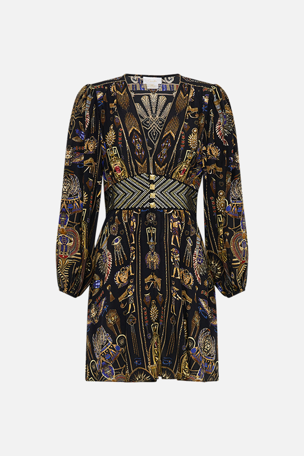 CAMILLA Curved Waisted Short Dress in Cartouche Kingdom print. 