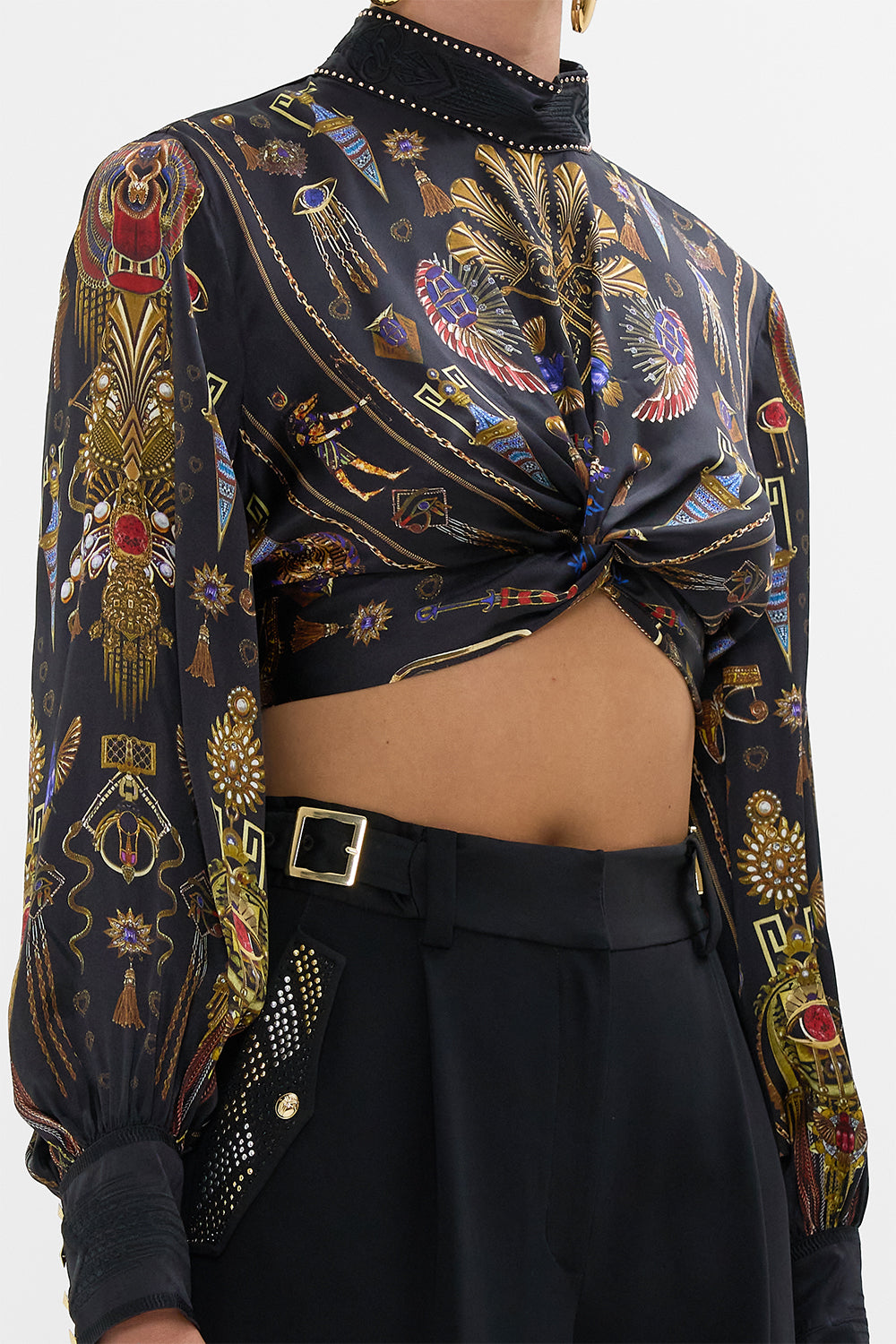 CAMILLA Long Sleeve High Neck Top With Knot Front in Cartouche Kingdom print. 