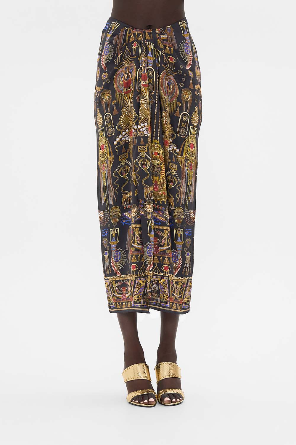 CAMILLA Drape Front Skirt With Split Cartouche Kingdom print. 