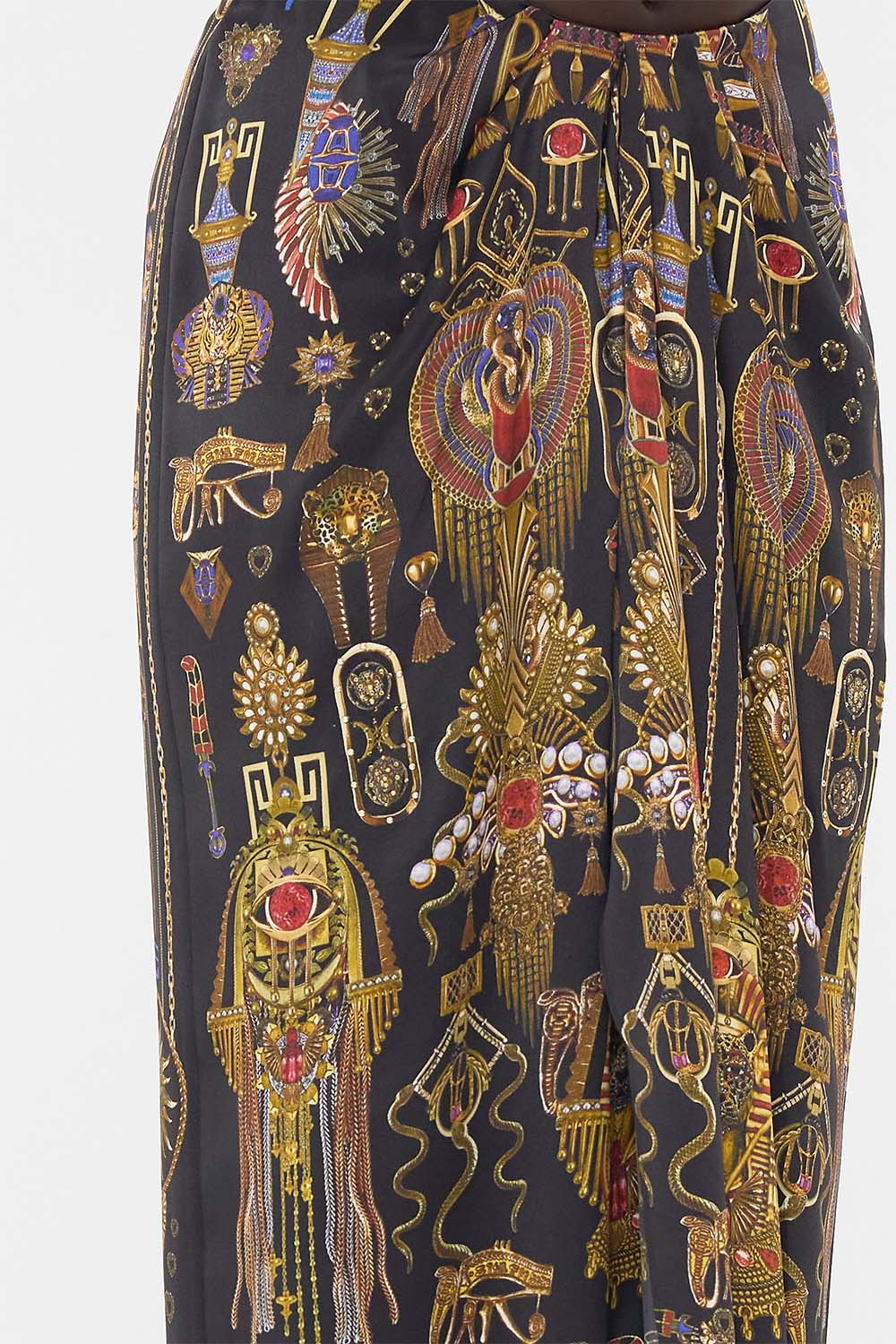 CAMILLA Drape Front Skirt With Split Cartouche Kingdom print. 
