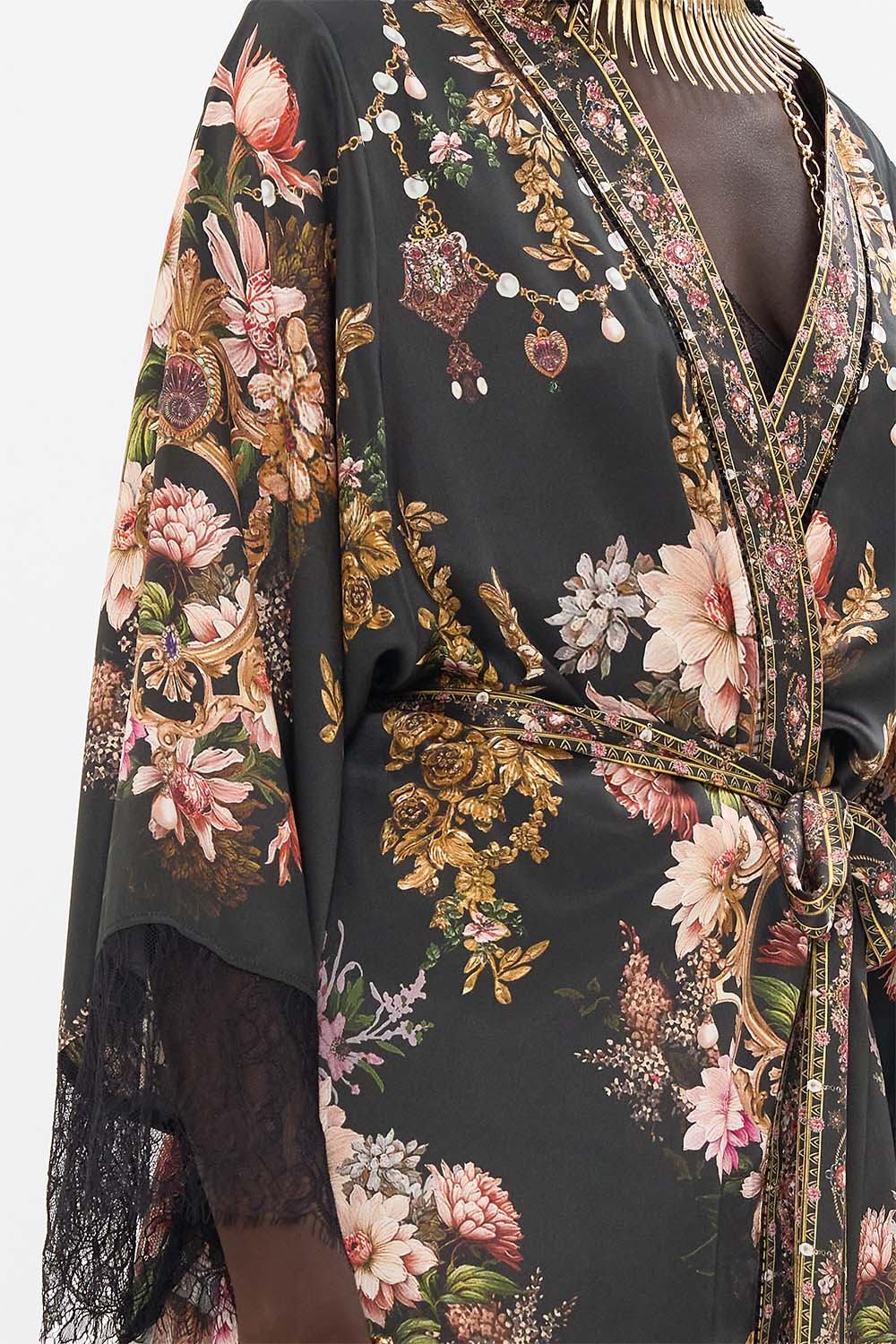 CAMILLA short kimono wrap in Dynasty Daze print. 