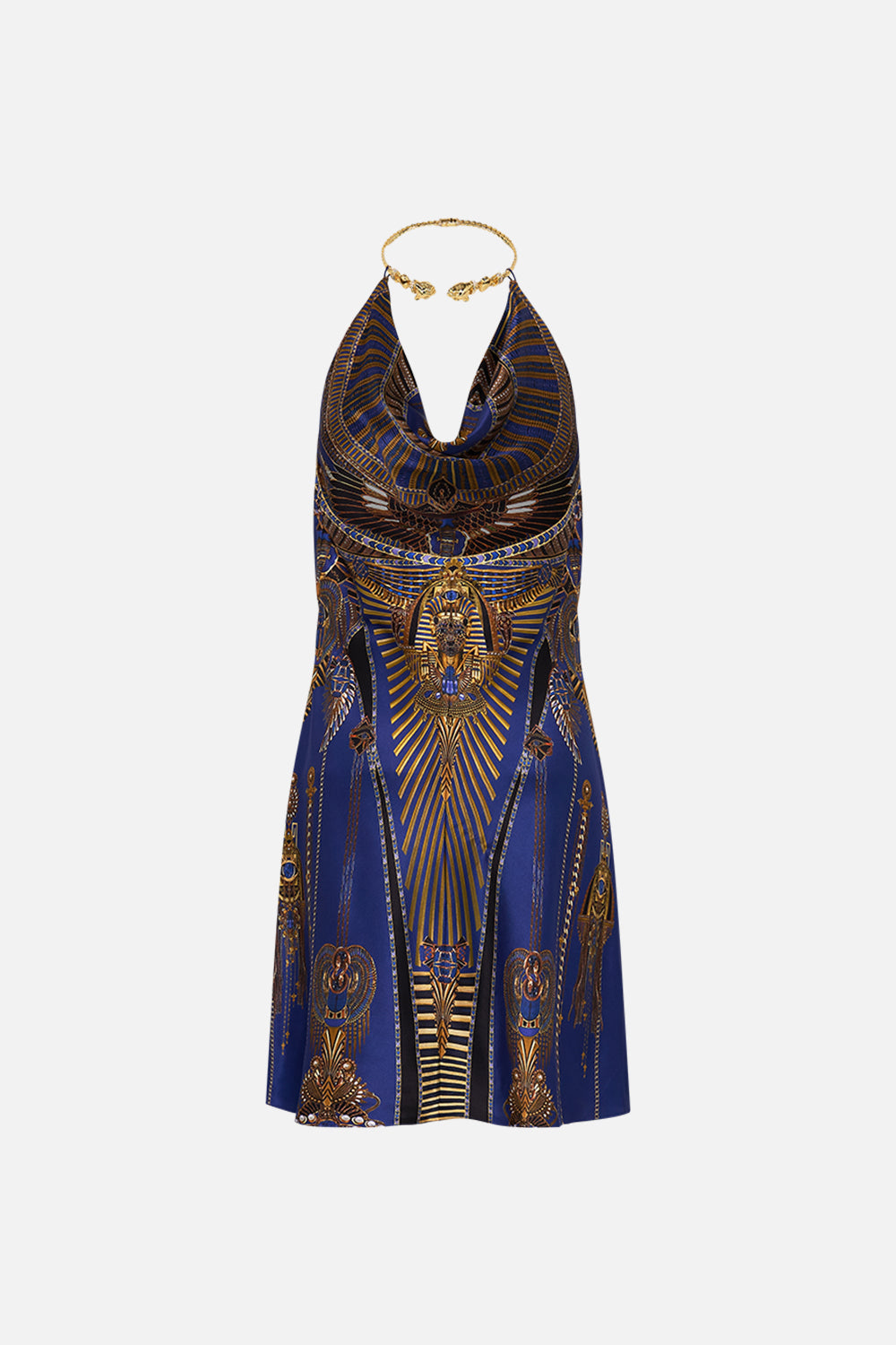 CAMILLA Draped Short Dress With Neckpiece in My Fair Pharaoh print. 