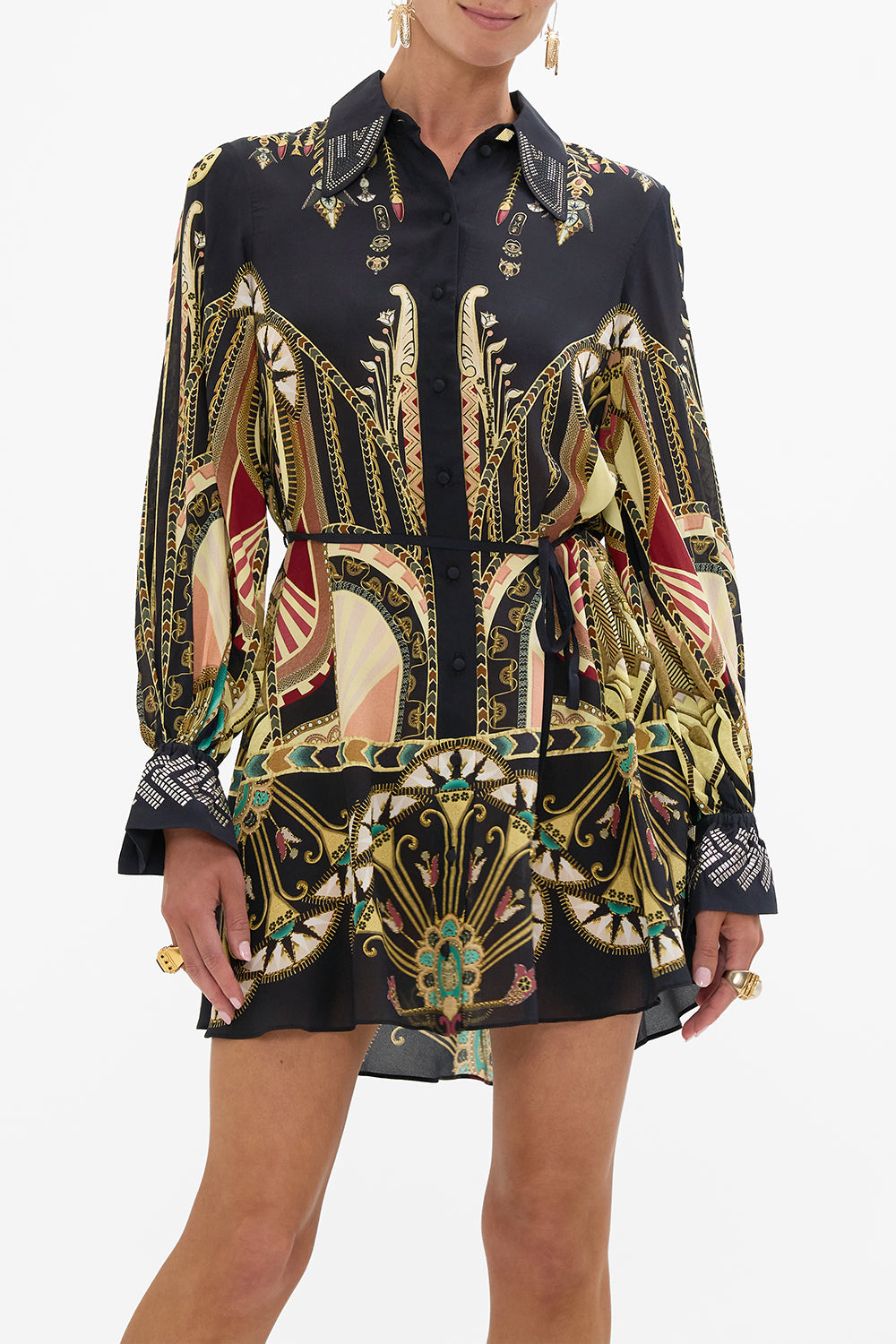 CAMILLA Black/Gold Shift Shirt Dress with Glomesh Cuff in They Called Her Nefertari print
