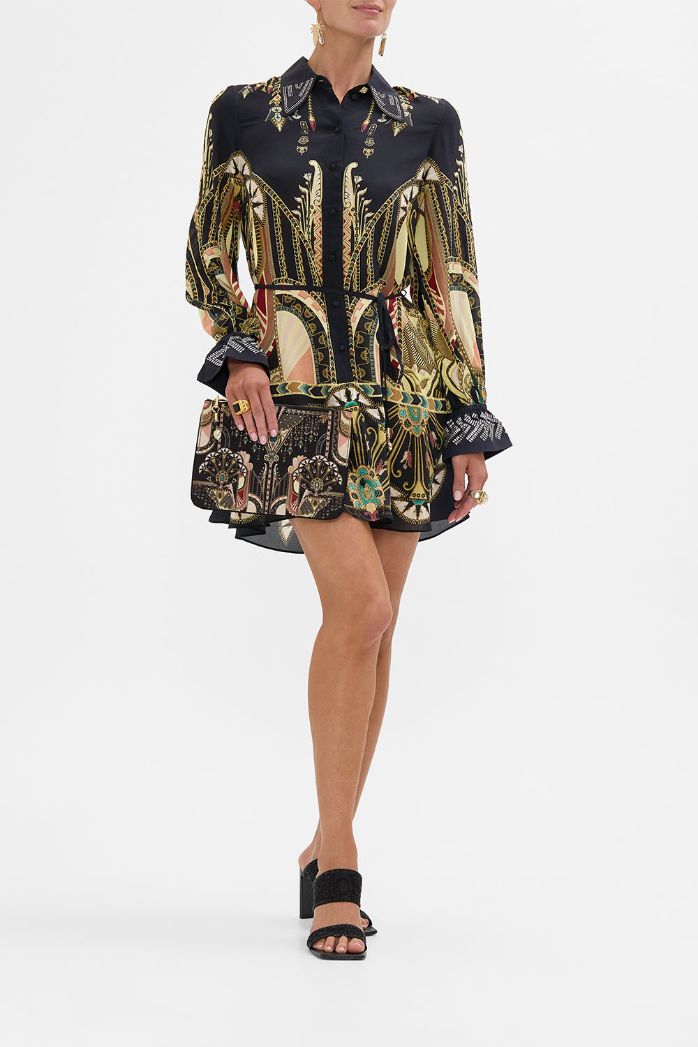 CAMILLA Black/Gold Shift Shirt Dress with Glomesh Cuff in They Called Her Nefertari print