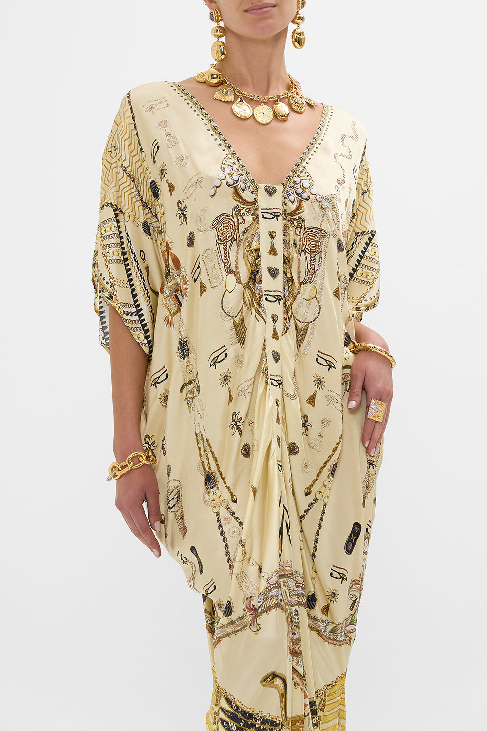 CAMILLA Gold Kaftan with Front Tab Detail in Gateway to the Afterlife Print