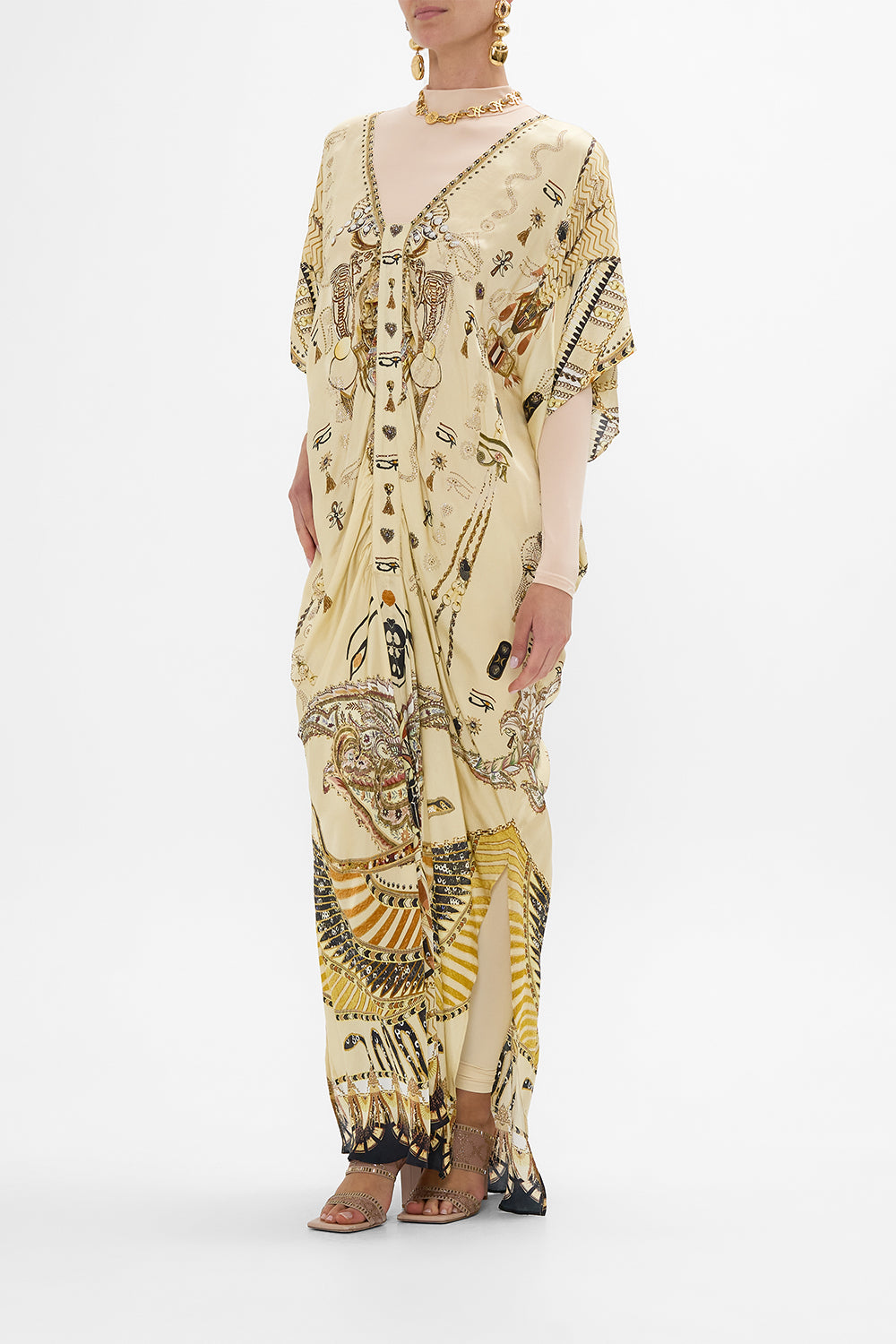 CAMILLA Gold Kaftan with Front Tab Detail in Gateway to the Afterlife Print