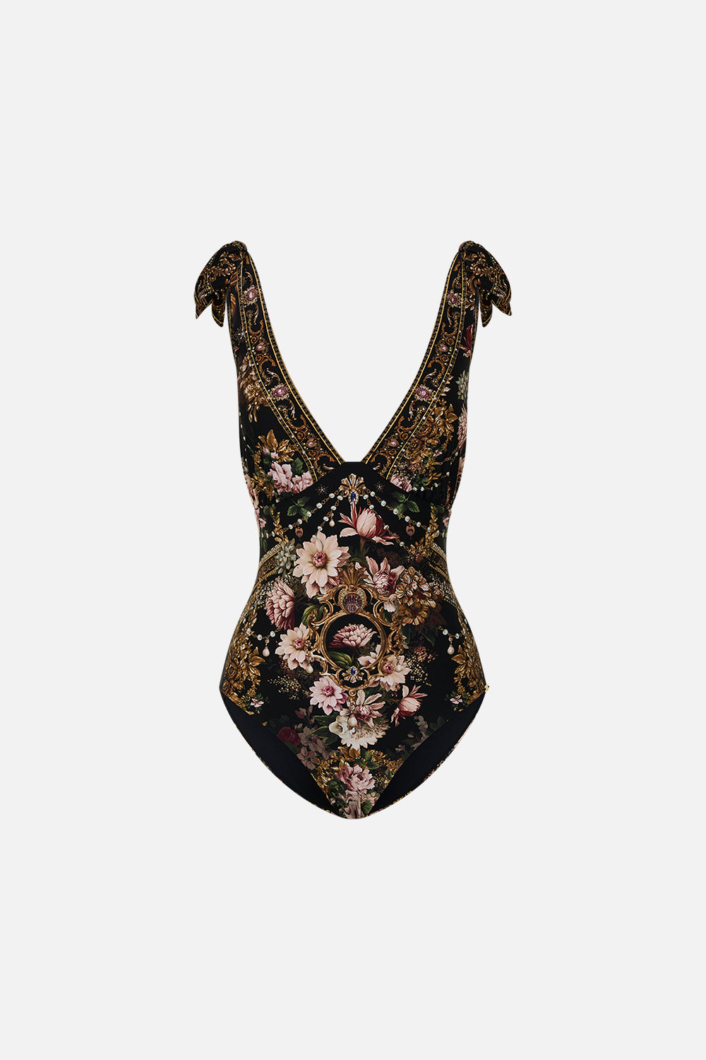 CAMILLA ruched tri tie shoulder one piece in The Dynasty Daze print. 