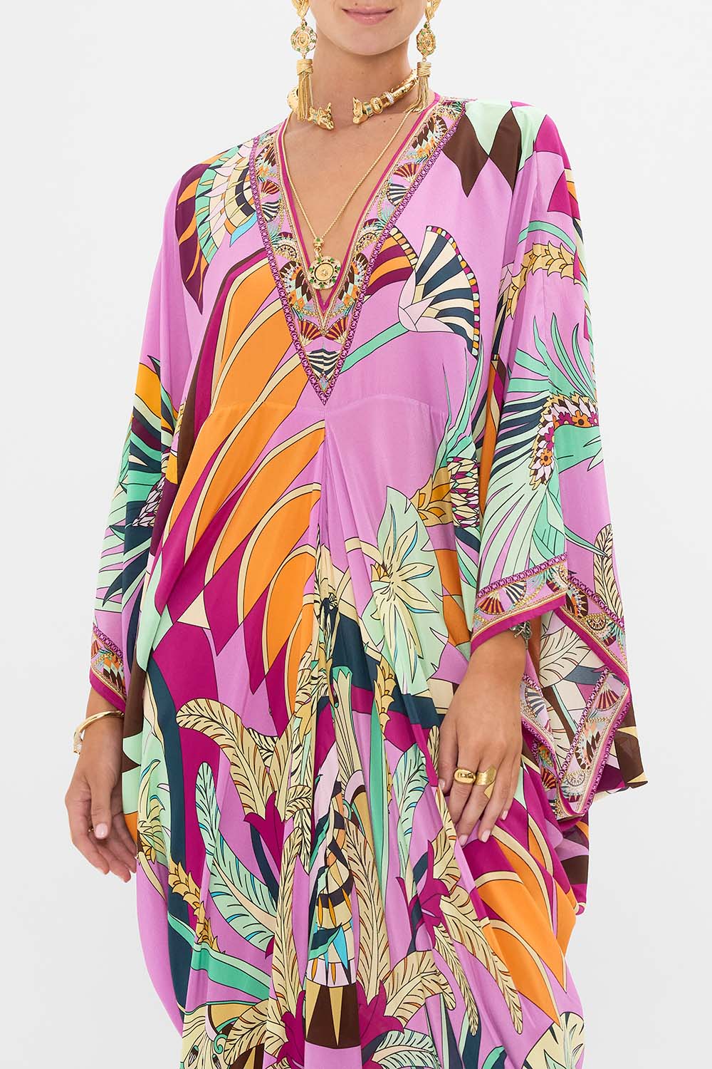 CAMILLA T Shape Long Kaftan in Giza Goddess print. 