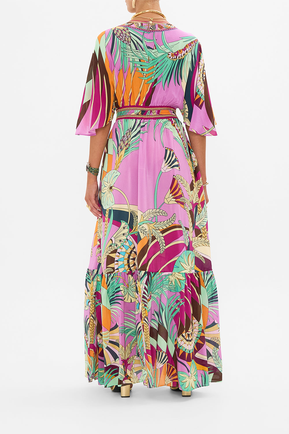 CAMILLA Waisted Dress With Hem Ruffle in Giza Goddess print. 
