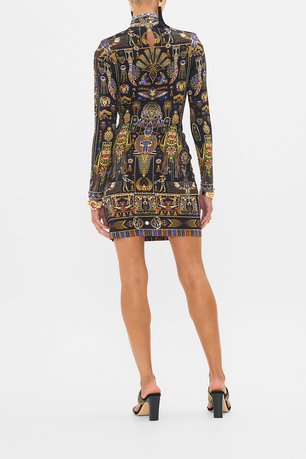 CAMILLA Cross Front Mini Dress in Cartouche Kingdom print. 