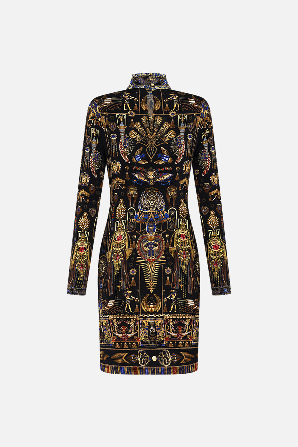 CAMILLA Cross Front Mini Dress in Cartouche Kingdom print. 