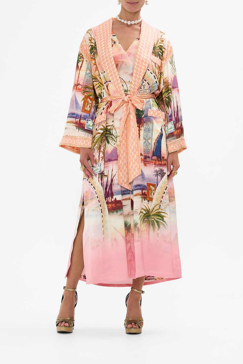 CAMILLA long robe with flared sleeve Milla's Got Mail print. 