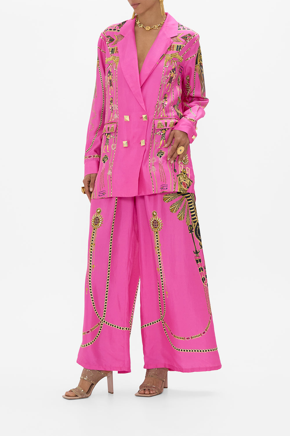 CAMILLA Double Breasted Soft Jacket in Songs of The Scarab print. 