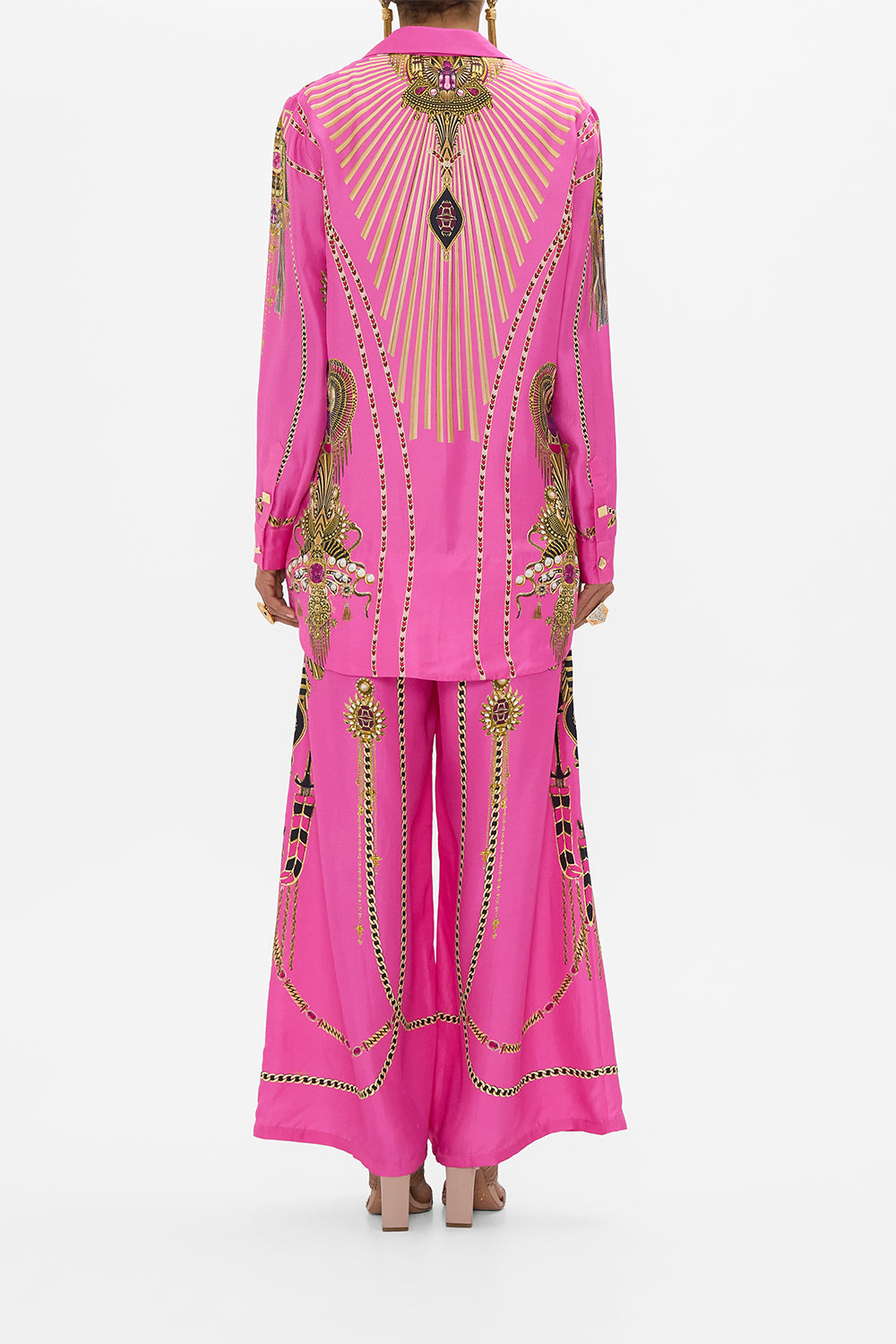 CAMILLA Double Breasted Soft Jacket in Songs of The Scarab print. 