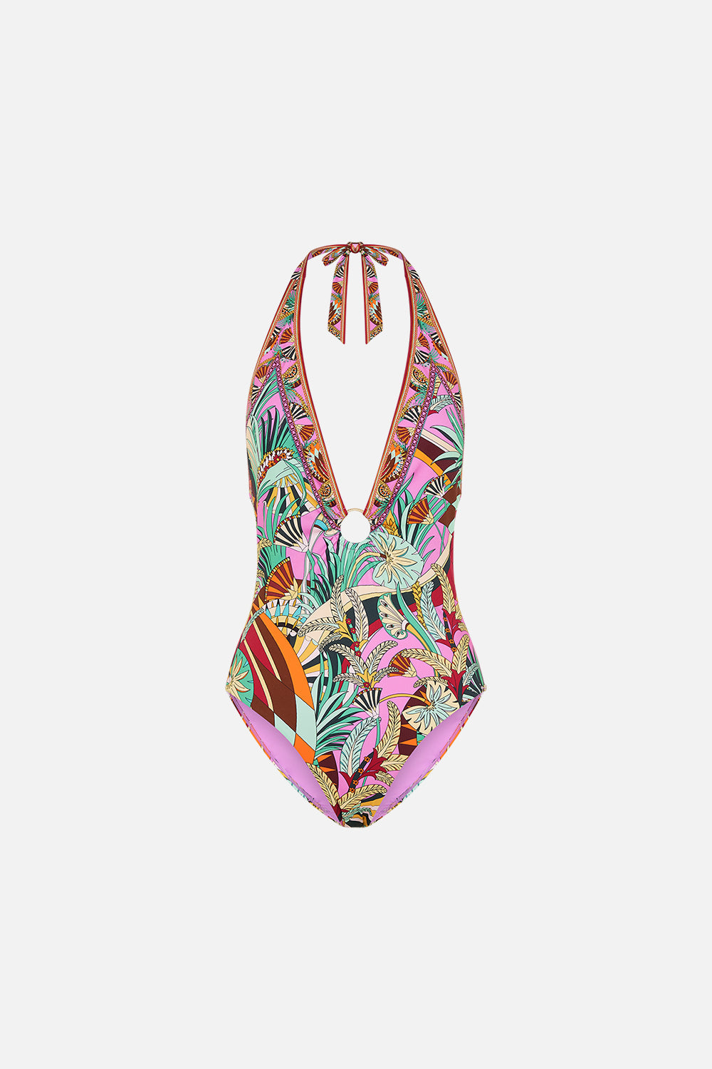 CAMILLA Ring Detail Plunge V One Piece in Giza Goddess print. 