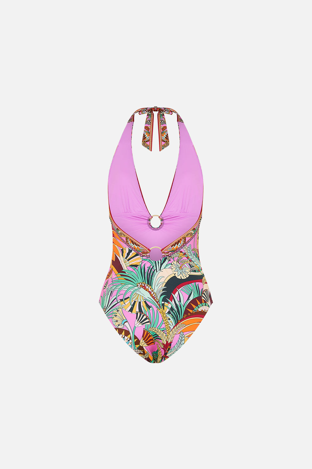 CAMILLA Ring Detail Plunge V One Piece in Giza Goddess print. 
