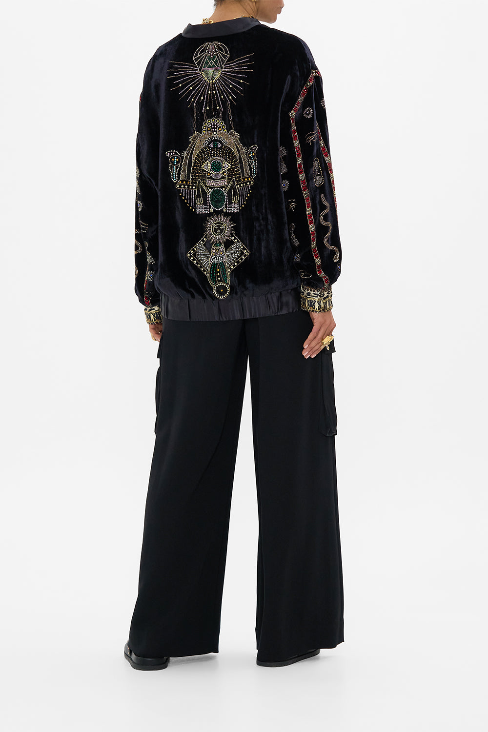 CAMILLA Velvet Lonline Varsity Jacket in Cat Worship print. 