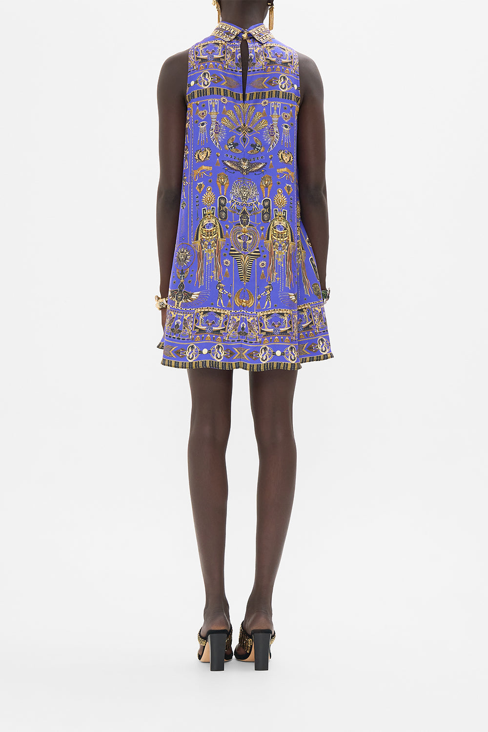 CAMILLA High Collar Shift Dress in My Fair Pharaoh print. 