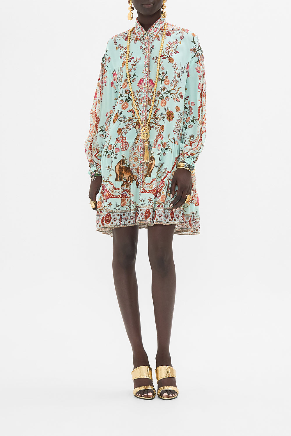 CAMILLA Long Sleeve Tiered Short Dress in Weaving Worlds print
