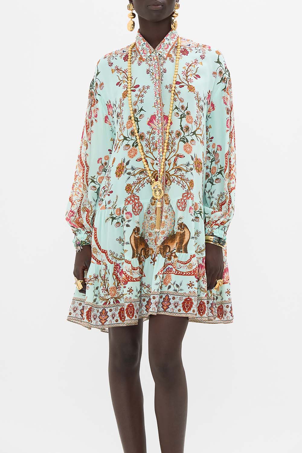 CAMILLA Long Sleeve Tiered Short Dress in Weaving Worlds print