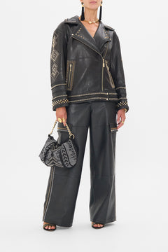 CAMILLA Black/Gold Oversized Leather Biker Jacket in They Called Her Nefertari print