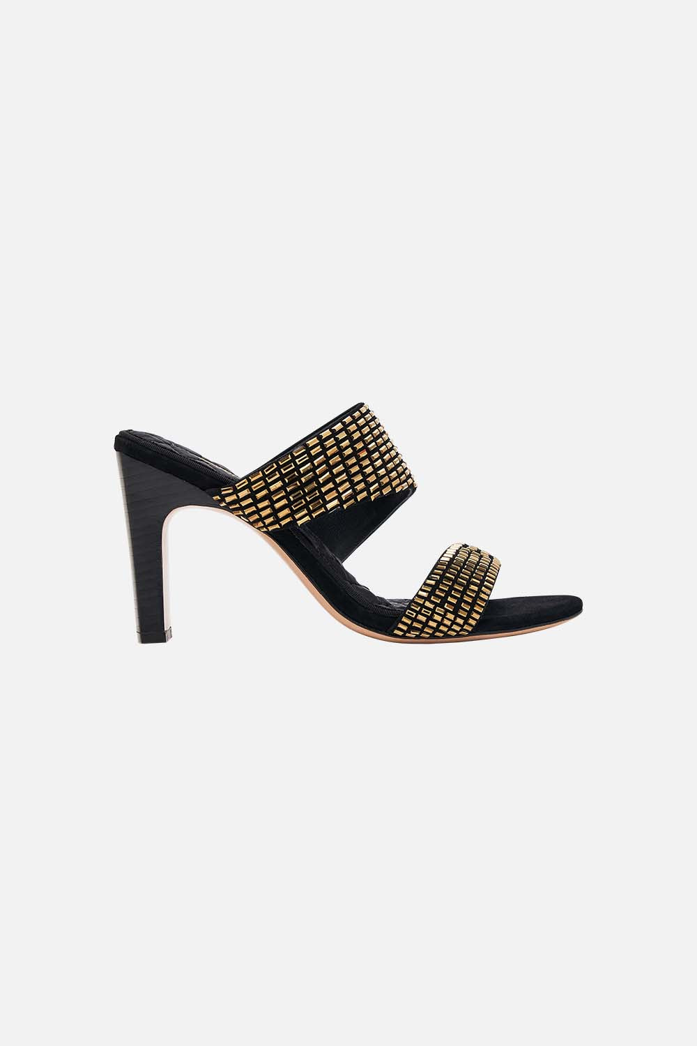CAMILLA Sara snake block heel mule in Solid Black print