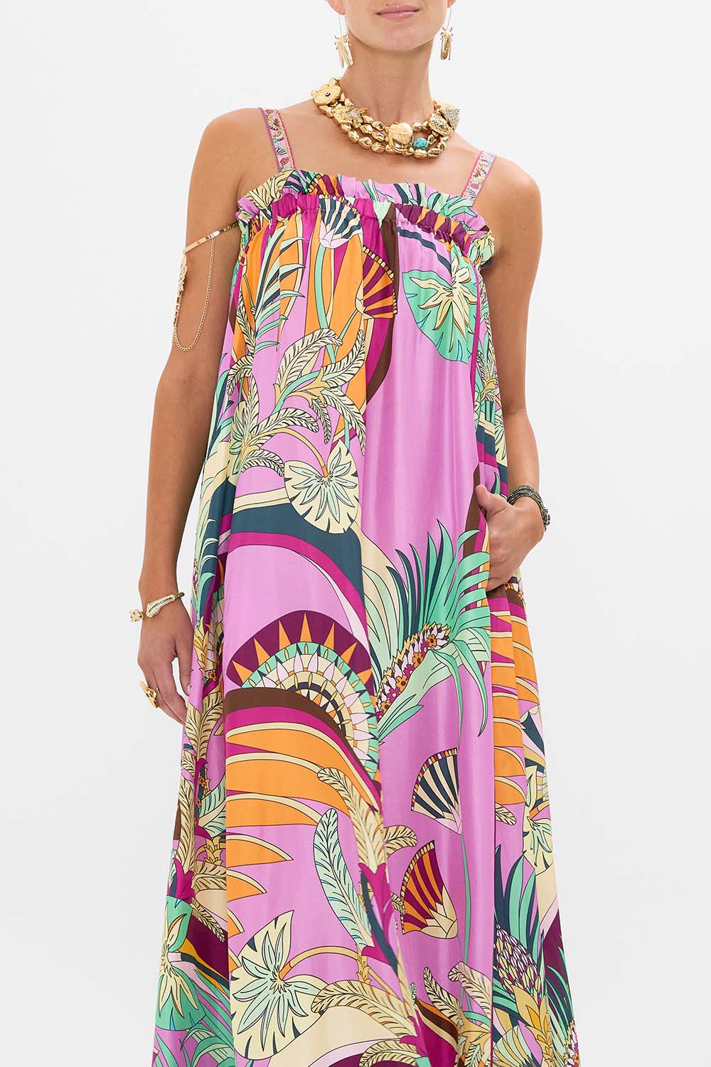 CAMILLA Wide Strap Sundress in Giza Goddess print. 