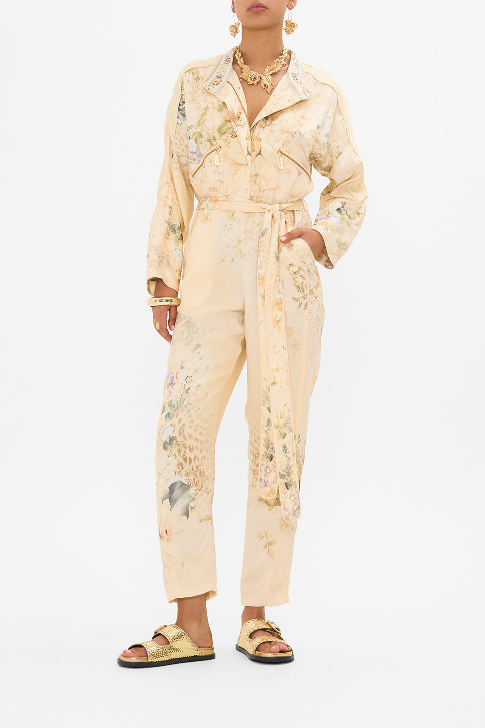 CAMILLA floral zip front panel jumpsuit in Adorned in Antiquity print. 