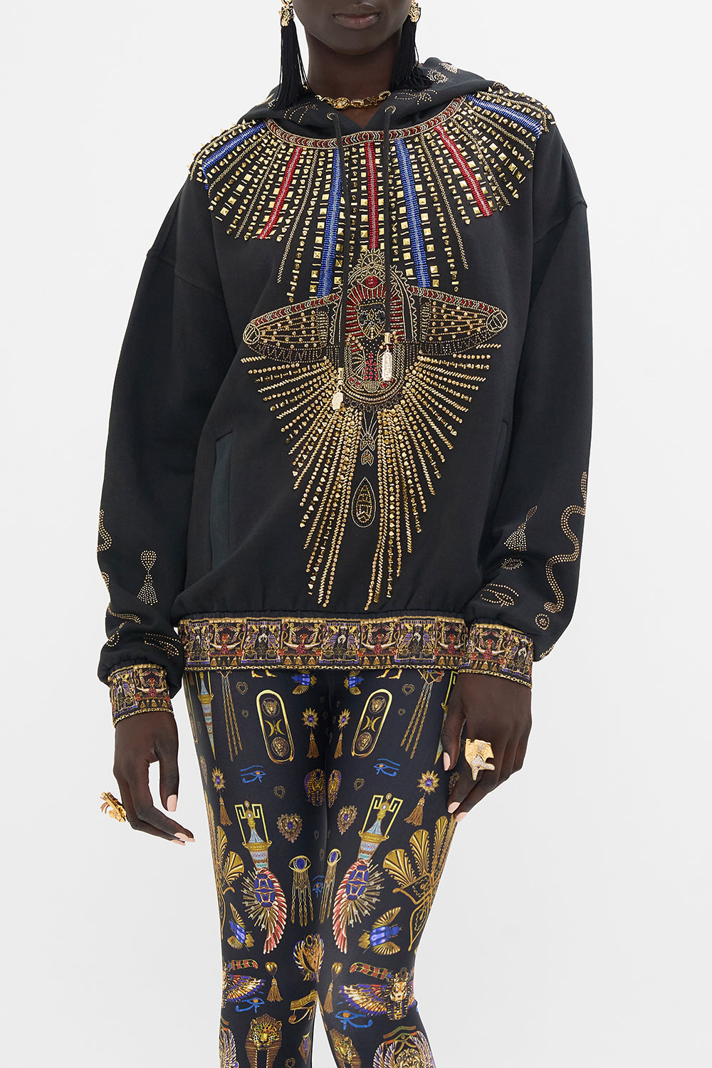 CAMILLA Embroidered Hoodie With Side Pockets in Cartouche Kingdom print. 
