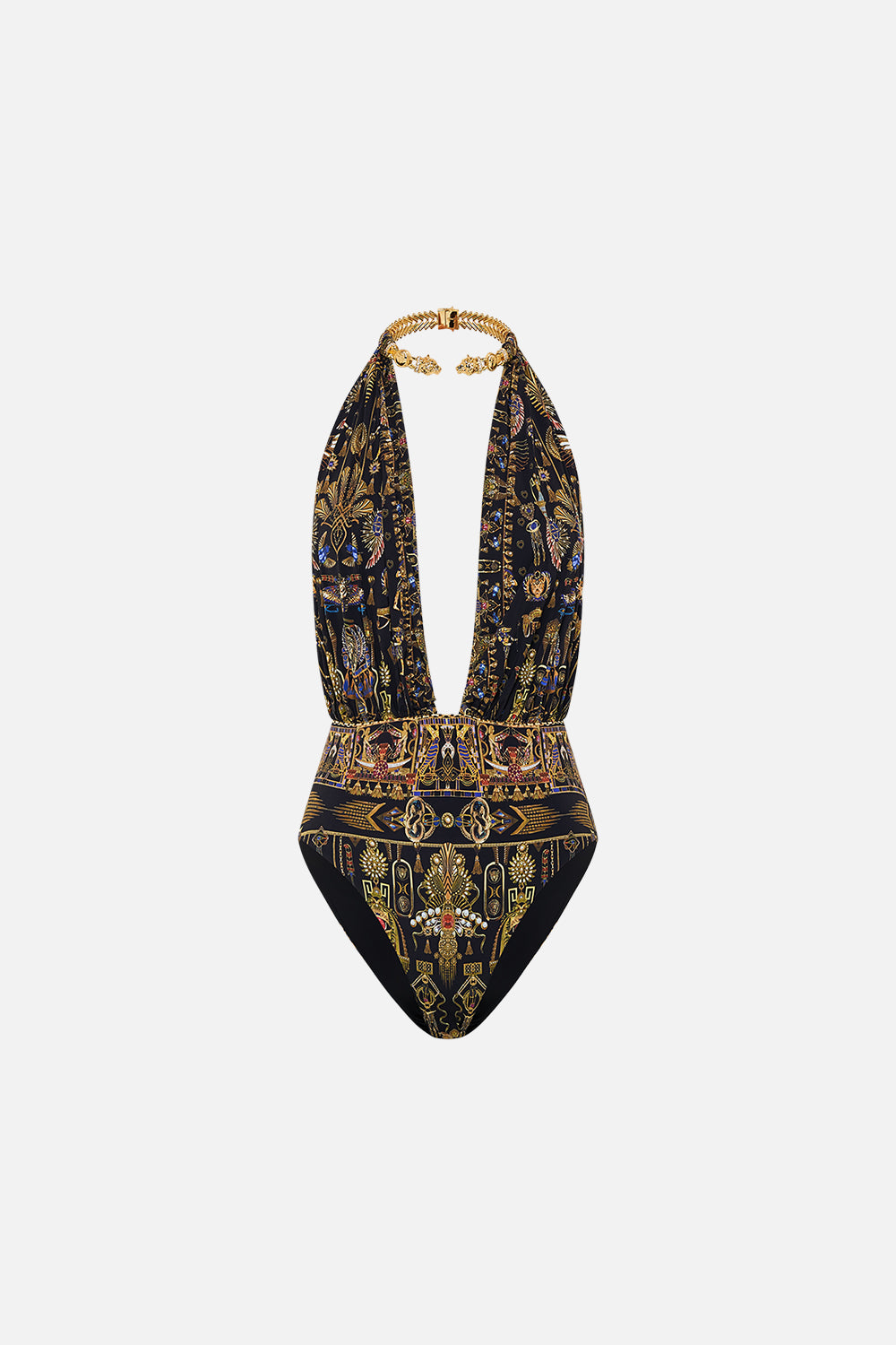 CAMILLA Plunge Bodysuit With Neck Trim in Cartouche Kingdom print. 