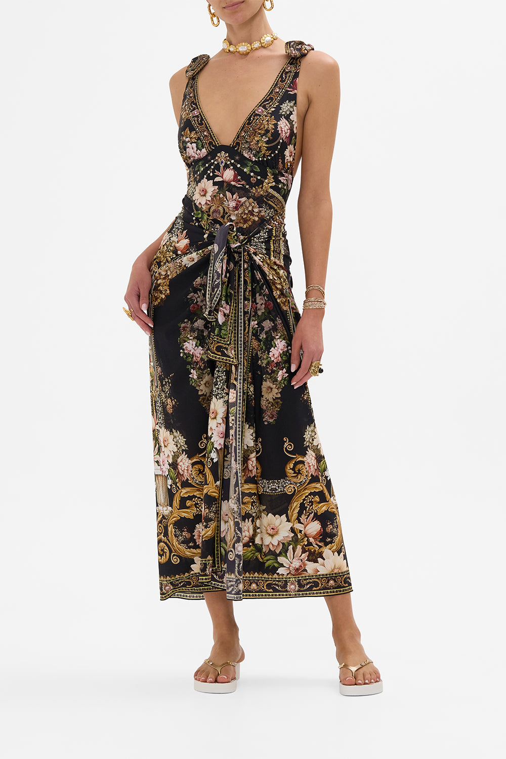 CAMILLA long sarong in Dynasty Daze print. 