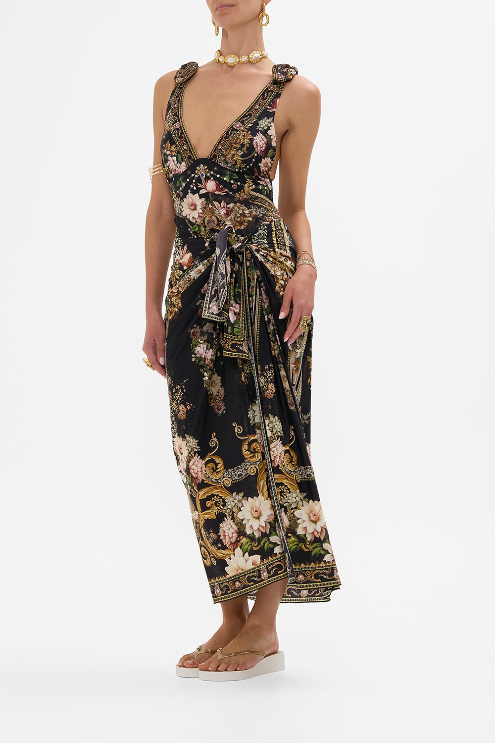 CAMILLA long sarong in Dynasty Daze print. 