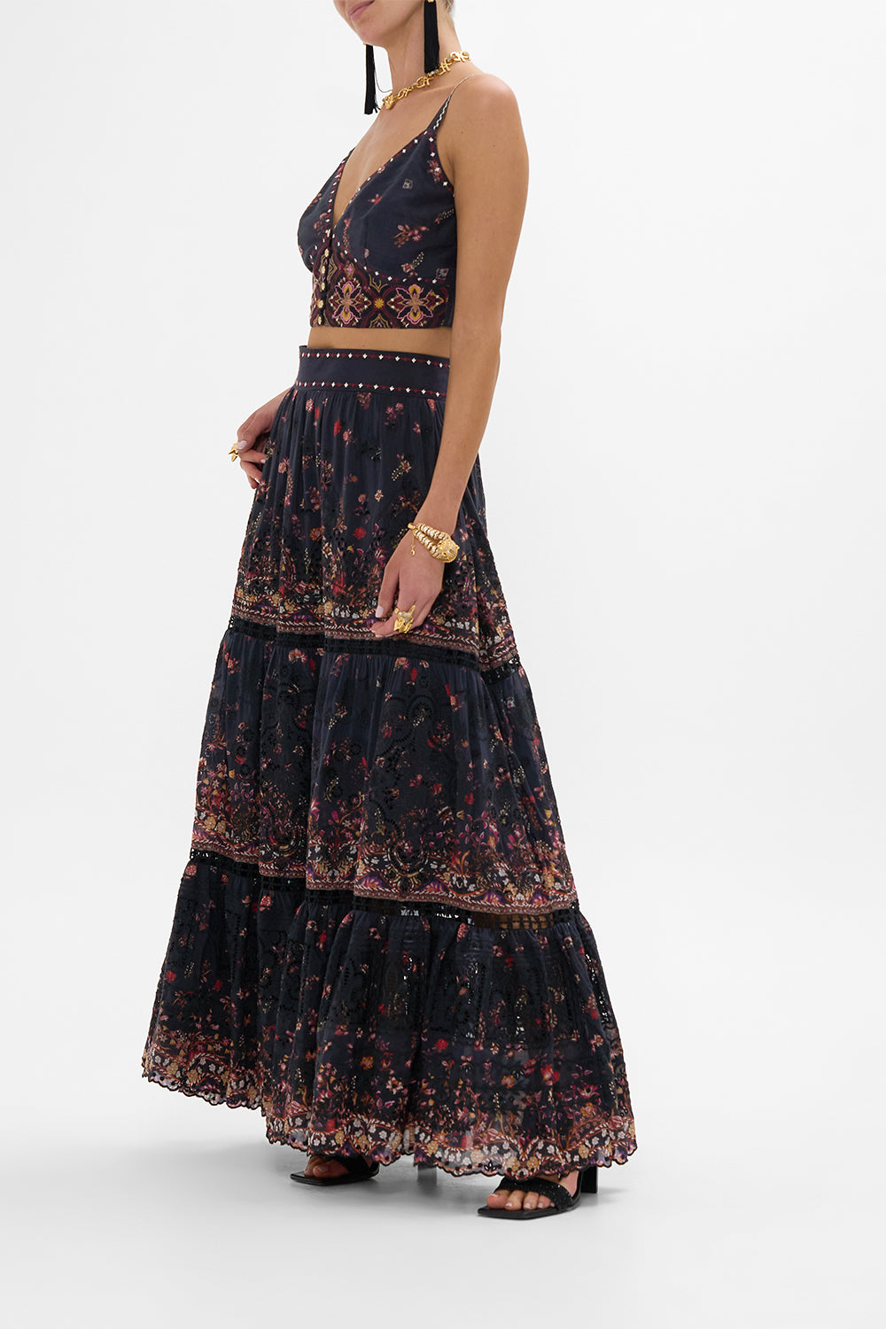 CAMILLA High Waisted Embroidered Tiered Skirt Loom to Tomb print