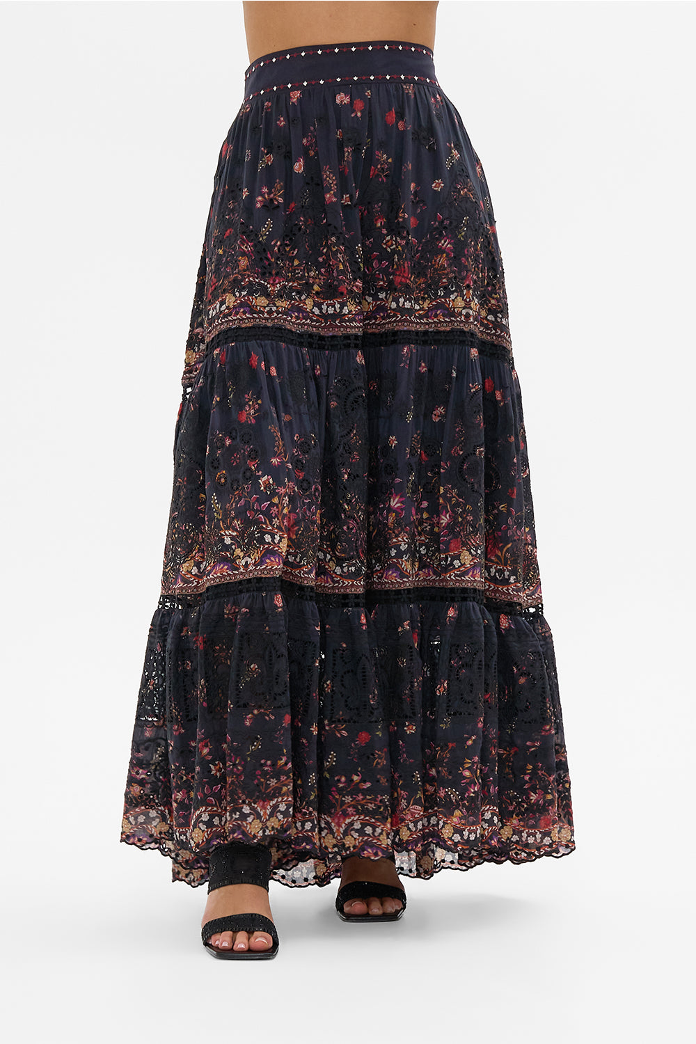CAMILLA High Waisted Embroidered Tiered Skirt Loom to Tomb print