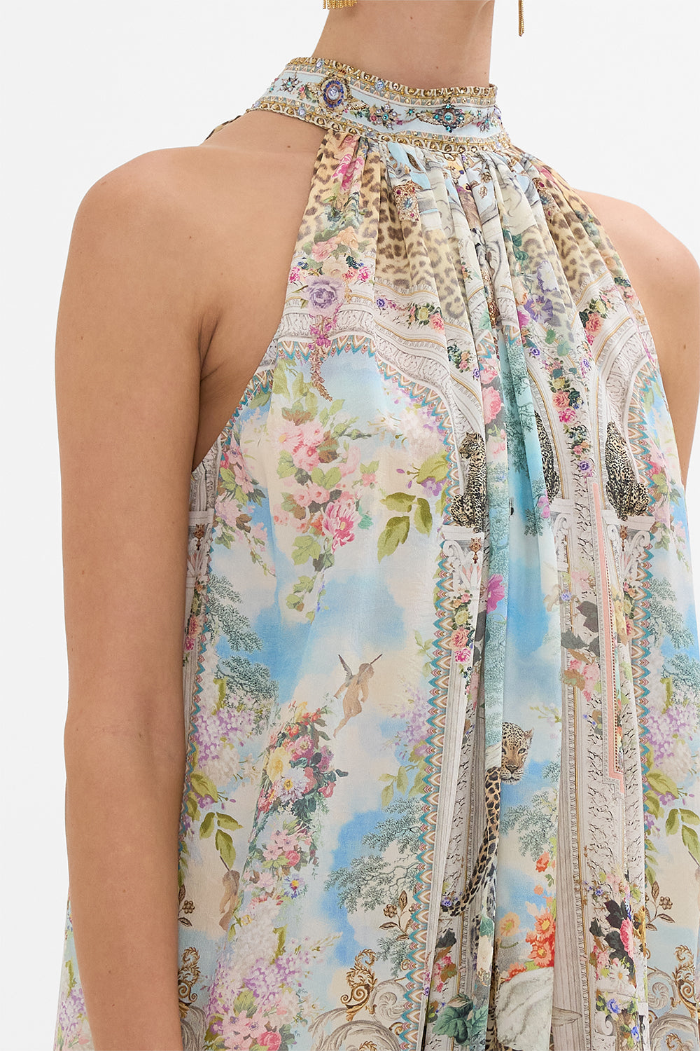 CAMILLA Tie Neck Mini Dress in We Always Have Alexandria print. 