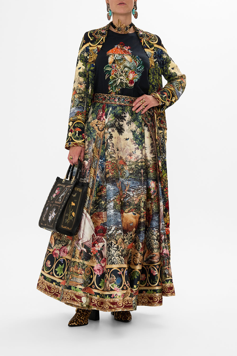 CAMILLA Black Curved Hem Fitted Tee in Tapestry Totems