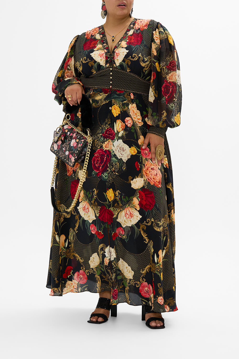 CAMILLA Black Shaped Waistband Dress with Gathered Sleeves in Magic in the Manuscripts