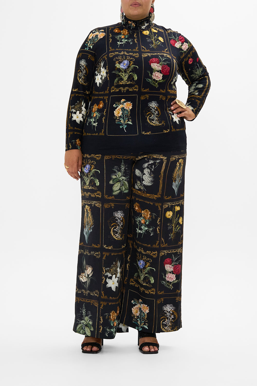 CAMILLA floral wide side high leg pant in Stitched in Time print.