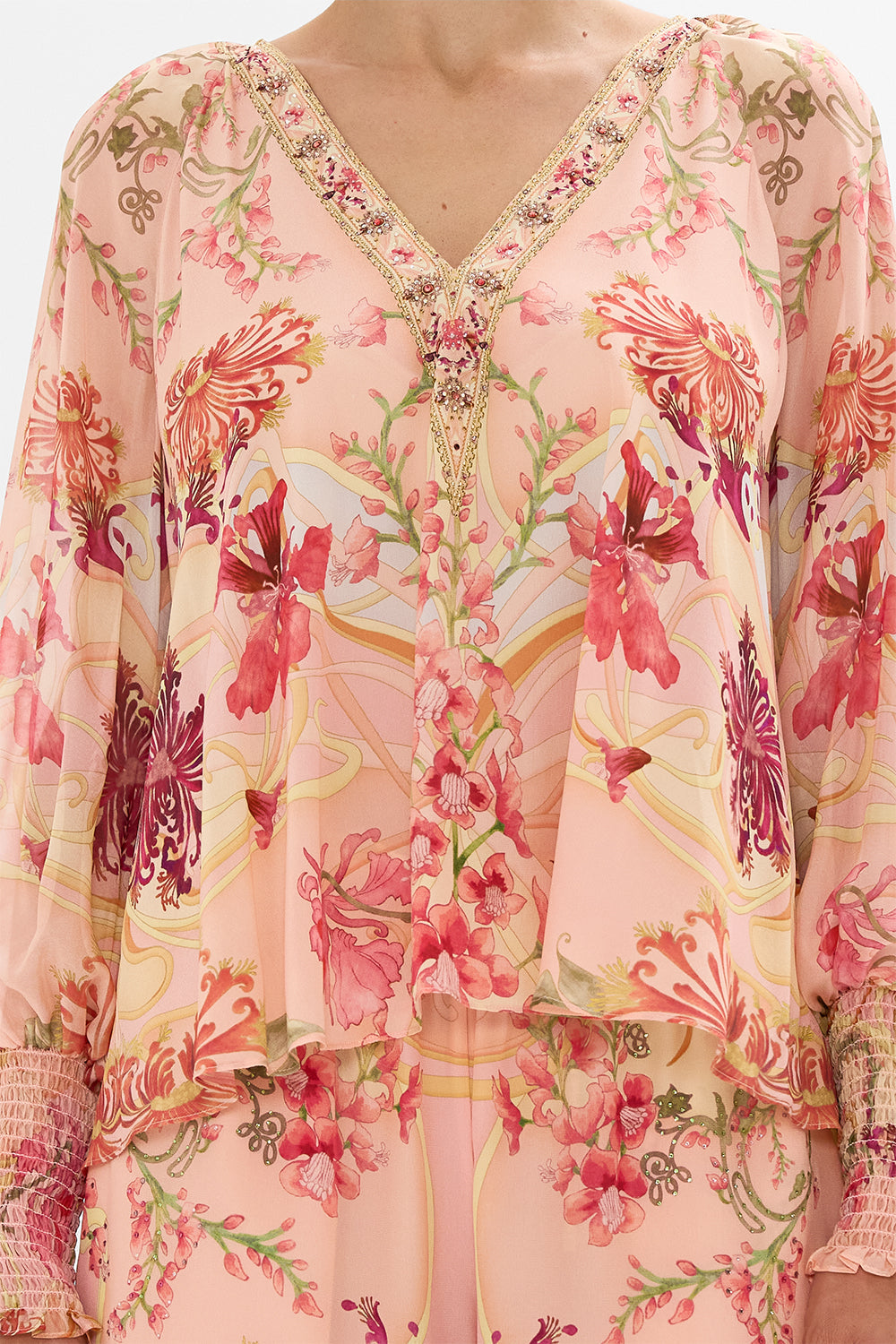 CAMILLA Floral Shirred Cuff Blouse in Blossoms and Brushstrokes print