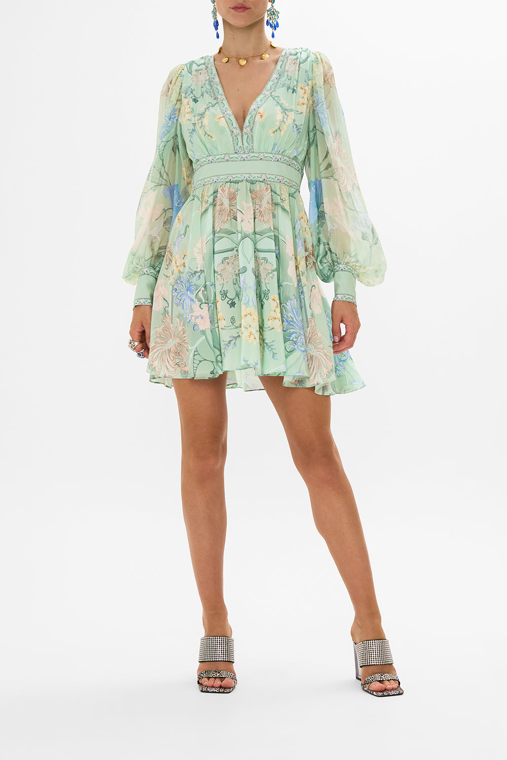 CAMILLA Floral Short Dress with Blouson Sleeve in Dreaming in Dutch