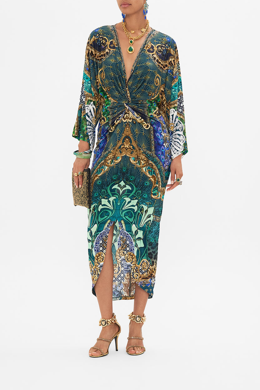LONG SPLIT FRONT TWIST DRESS DRIPPING IN DECO